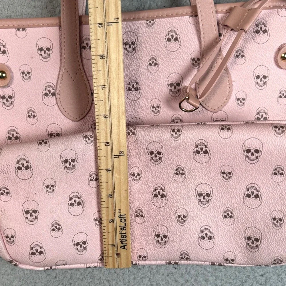 Pink Skull Tote Bag Womens OS Faux Leather Goth Punk Pastel Graphic Shoulder